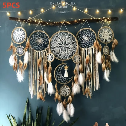 Dream Catcher Wall Decor 5 Pack Large Handmade Boho Dream Catchers Moon Sun Wall Hanging Decoration Bohemian Bedroom Decor Aesthetic Room Decor Bed Decoration Boho Wall Art Camel
