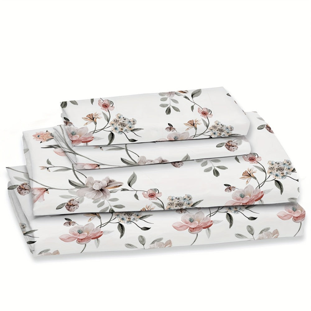Bed Sheets Set 4pcs Deep Pocket Fitted Sheet & Pillow Cases | Soft Floral Bedding Twin Full Queen King – White Pink Green