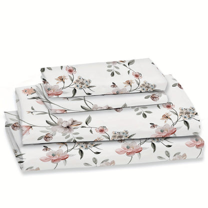 Bed Sheets Set 4pcs Deep Pocket Fitted Sheet & Pillow Cases | Soft Floral Bedding Twin Full Queen King – White Pink Green