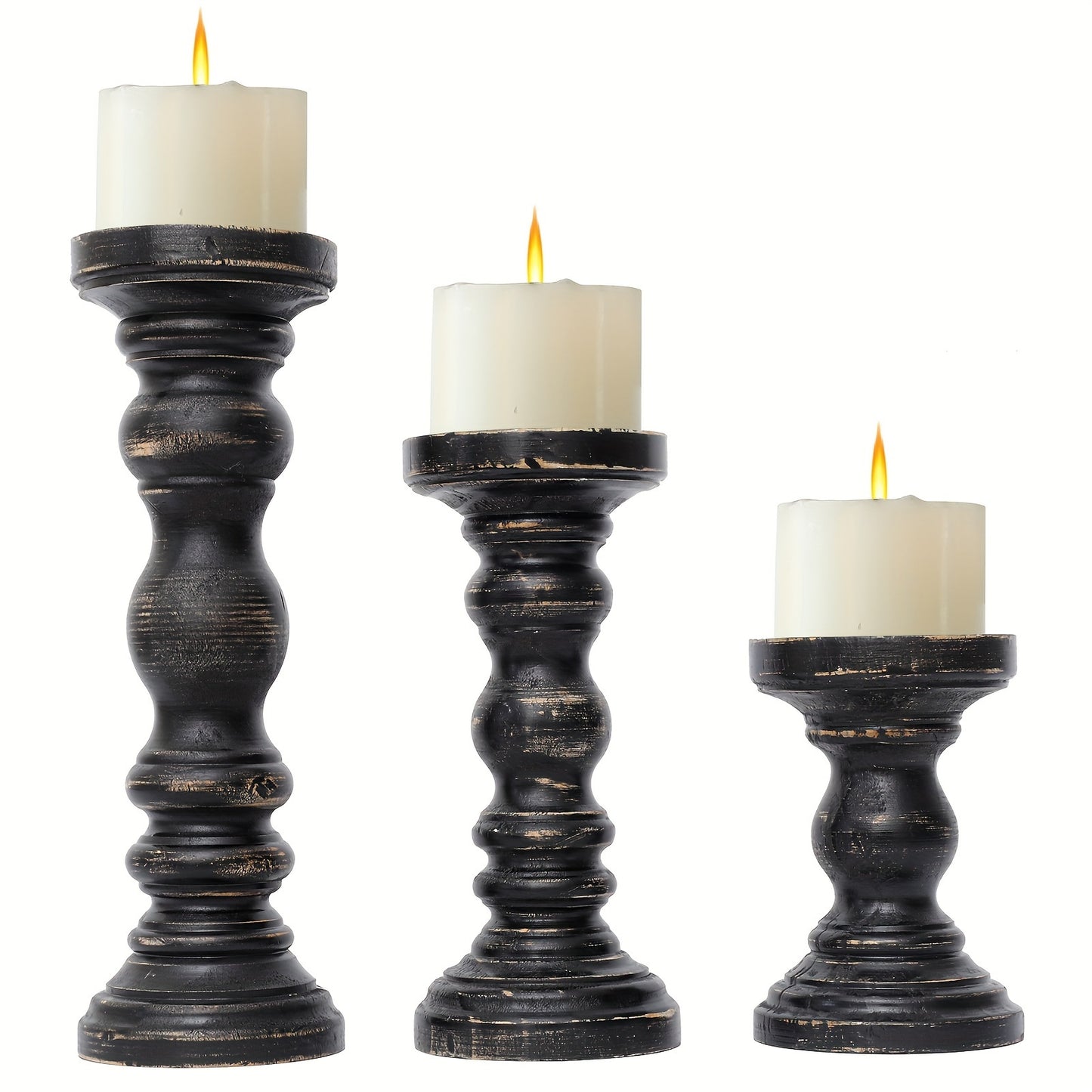 Wood Pillar Candle Holder Set of 3 - Farmhouse Rustic Wooden Candlestick Holders for Pillar Candles, Tiered Tray Decor, Table Centerpiece, Mantel Shelf Home Decor, White Black Brown
