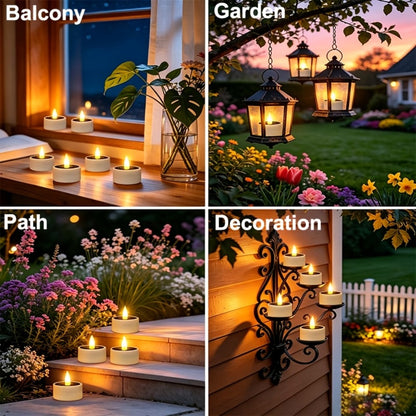 Solar Flameless Candles Outdoor Waterproof IP44 LED Tealight with Dusk to Dawn Sensor Flickering Warm Light for Garden Balcony Window Lantern Terrace Decor 4 6 12 Pack