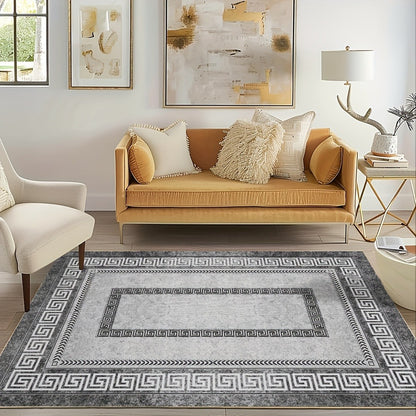 Persian Boho Area Rug - Luxury Crystal Velvet 850GSM Floral Pattern | Non-Slip Machine Washable 100% Polyester Carpet | Grey Black Marble Effect Living Room & Bedroom Rug for High Traffic Areas