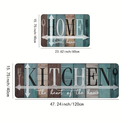 Diatomaceous Earth Kitchen Mat Set 2pcs - Non-Slip Anti-Fatigue Rug for Kitchen Bathroom Bedroom Hallway, Green Brown Wood Plank Pattern, Easy Clean