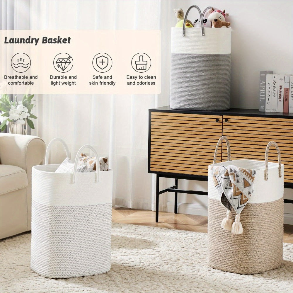 Woven Cotton Rope Laundry Basket Large Hamper with Handles for Bathroom Bedroom Living Room – Jumbo Boho Storage Basket for Clothes Blankets Toys | 40L 60L 80L 100L
