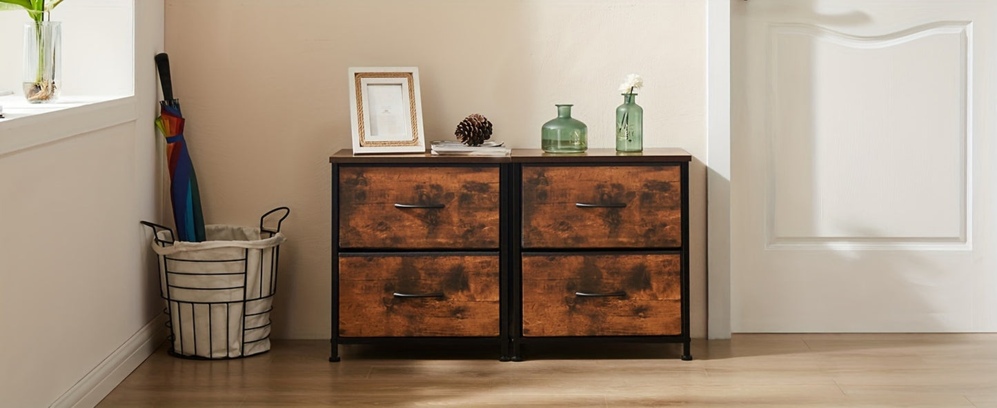 Nightstand with 2 Storage Drawers, 20" Bedside Table with Wooden Top & Fabric Cabinet, Steel Frame Mini Dresser for Bedroom, Dorm, Living Room – 1pc or Set of 2pcs, Black White Grey Rustic Brown