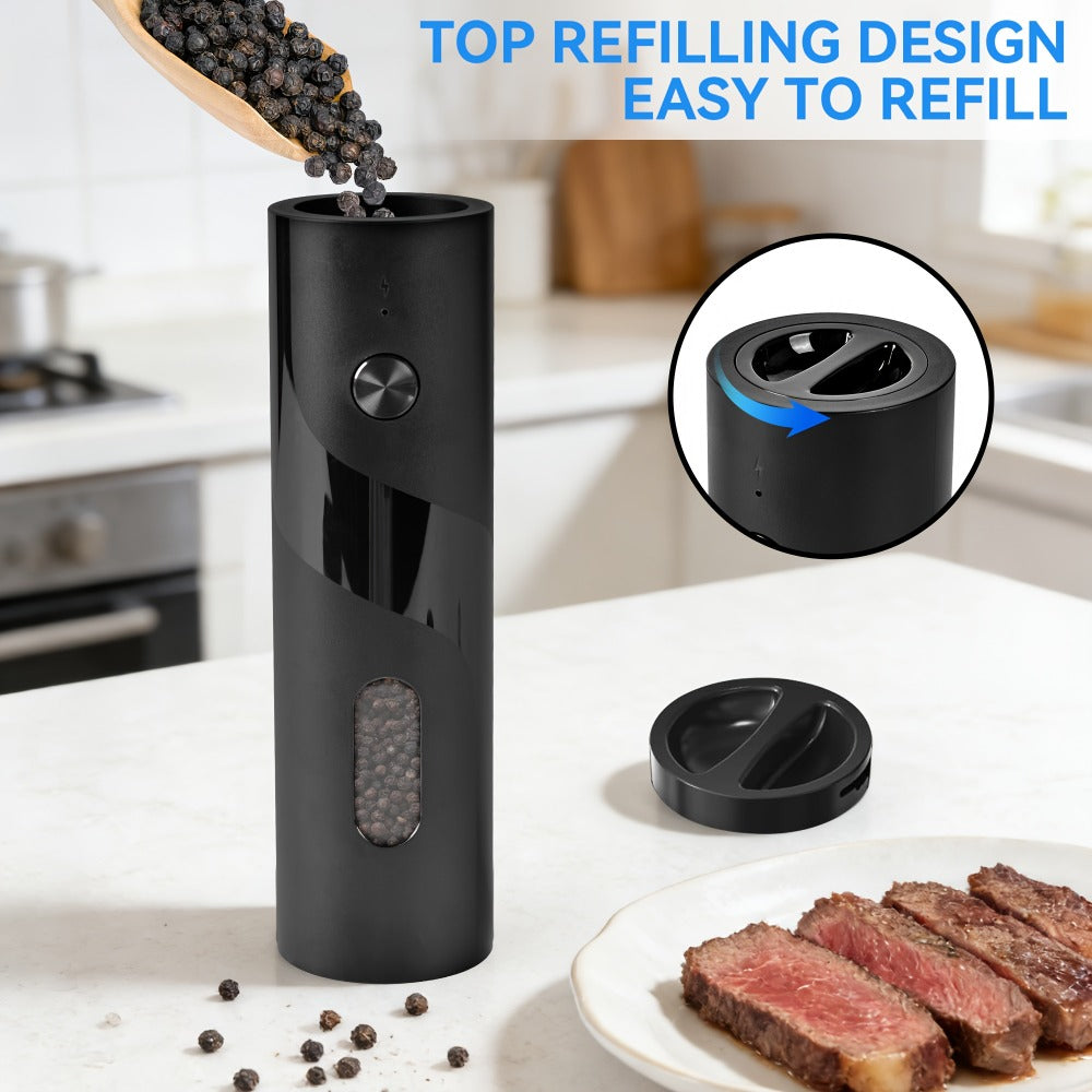 Electric Pepper Grinder Set of 2, Rechargeable with Charging Base, 6 Adjustable Coarseness Settings, Built-in LED Light & ABS Motor — Salt & Pepper Mill for Peppercorns & Spices, Brush Included