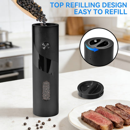 Electric Pepper Grinder Set of 2, Rechargeable with Charging Base, 6 Adjustable Coarseness Settings, Built-in LED Light & ABS Motor — Salt & Pepper Mill for Peppercorns & Spices, Brush Included