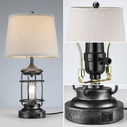 Farmhouse Table Lamps Set of 2 with 4 LED Bulbs | Touch Control 3-Way Dimmable Nightstand Lamp Dual USB Ports Natural Linen Shade Metal Black 22 Inch Bedroom Living Room