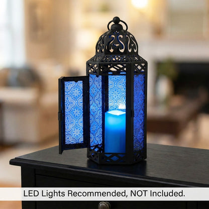 Moroccan Candle Lantern Holder - Decorative Metal & Glass Lantern with Embossed Floral Design for Indoor Home Decor, Garden, Patio, Weddings, Ramadan, Halloween & Holiday Celebrations - 10.5" Tall Medium Size
