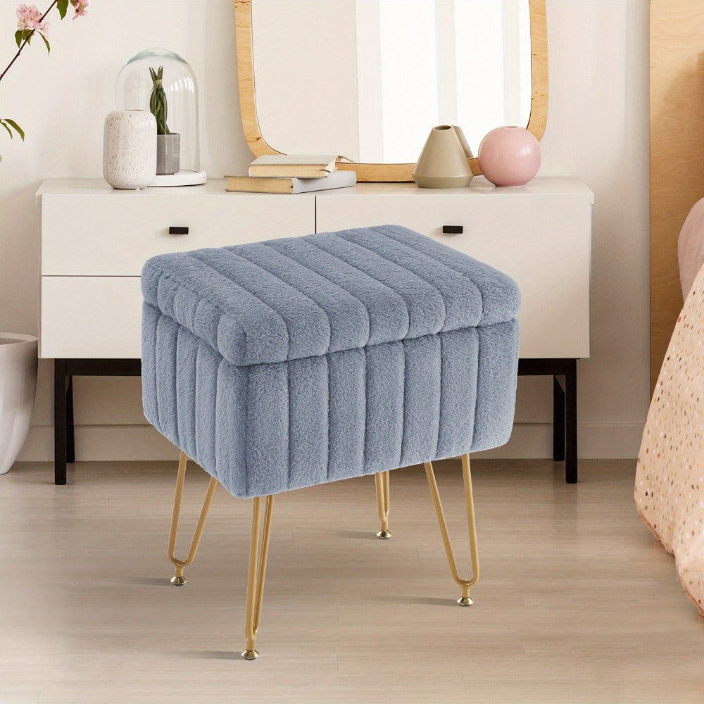 Faux Fur Storage Ottoman Stool – Soft Furry Vanity Seat with Storage, 4 Metal Legs & Non-Slip Feet – Cute Modern Multi-Function Chair for Bedroom, Vanity & Living Room
