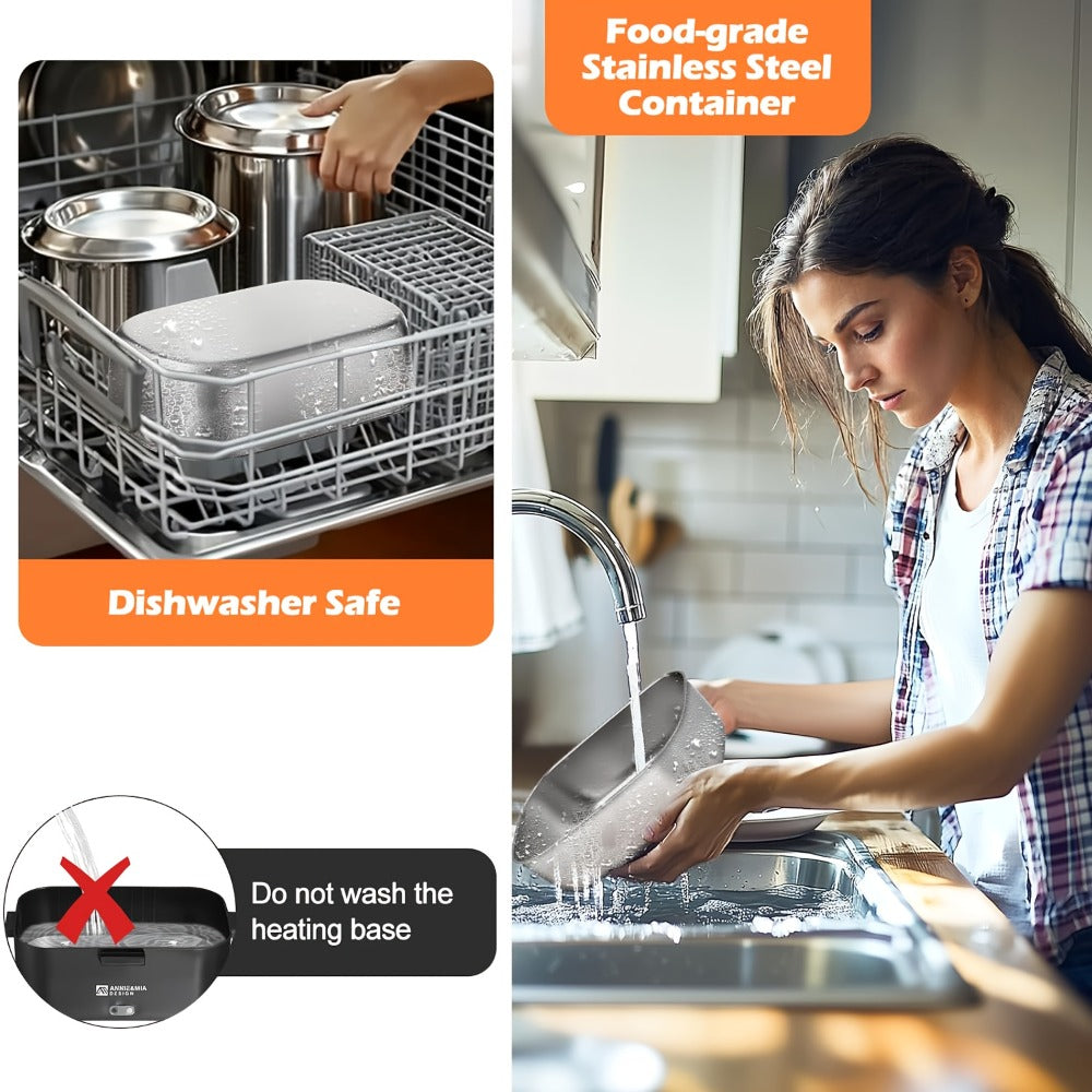 Electric Lunch Box Portable Food Warmer 60oz – 110V Home & 12V/24V Car Heated Meal Container, Stainless Steel, Leak-Proof with Insulated Bag & Fork for Office, Truck, Travel & Camping