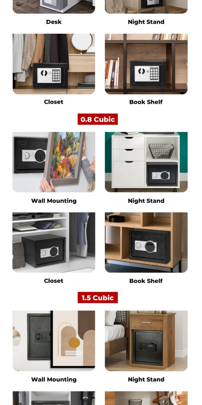 Fireproof Home Safe Box with Digital Keypad and Key Lock Heavy Duty Steel Security Safe for Money Documents Valuables Jewelry Passports 0.23 0.8 1.5 2.2 Cubic Feet Multiple Colors with Cash Bag