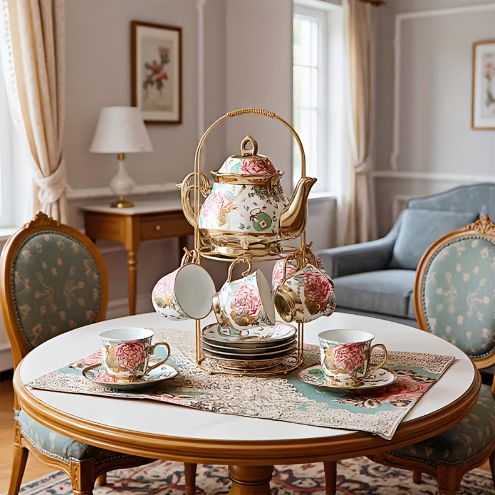 20-Piece Floral Ceramic Tea Set with Saucers & Metal Stand | European Afternoon Tea Service, Blooming Design, Complete Tea Accessories, Gift for Tea Lovers