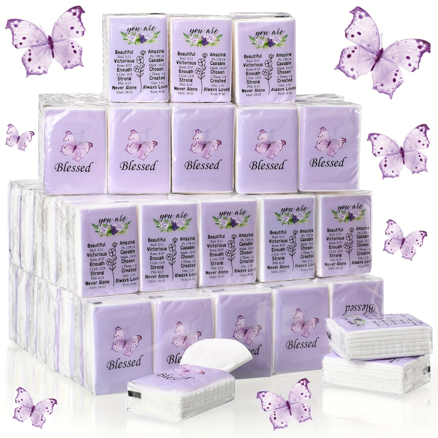 Christian Blessed Pocket Tissues 100 Pack 3-Ply Purple Butterfly Lavender Floral Design 7 Sheets Per Pack for Weddings Graduation Church Events Travel Gifts