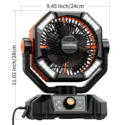 Battery Powered Camping Fan 20000mAh - 8-Speed Dual Motor Desk Fan with 4 LED Lanterns, Hook & Remote Control | Portable Outdoor Fan for Tent, Power Outage & Construction Site | Green, Black & Orange