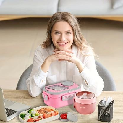 Bento Box 2-Layer with Multiple Compartments - Complete Set with Cup Bag Cutlery and Sauce Box, Microwave Safe Lunch Box for School Work and Outdoor Meals, Leak Proof Temperature Retentive Food Container Available in White Pink and Blue