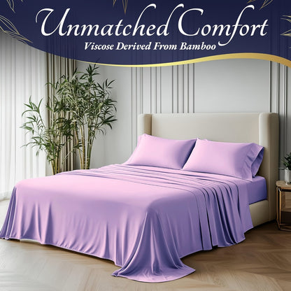 Bamboo Cooling Bedding Set 4pcs - Deep Pocket Fitted Sheet, Flat Sheet & Pillowcases for Hot Sleepers, Breathable Soft Viscose Sheets Twin Full Queen King
