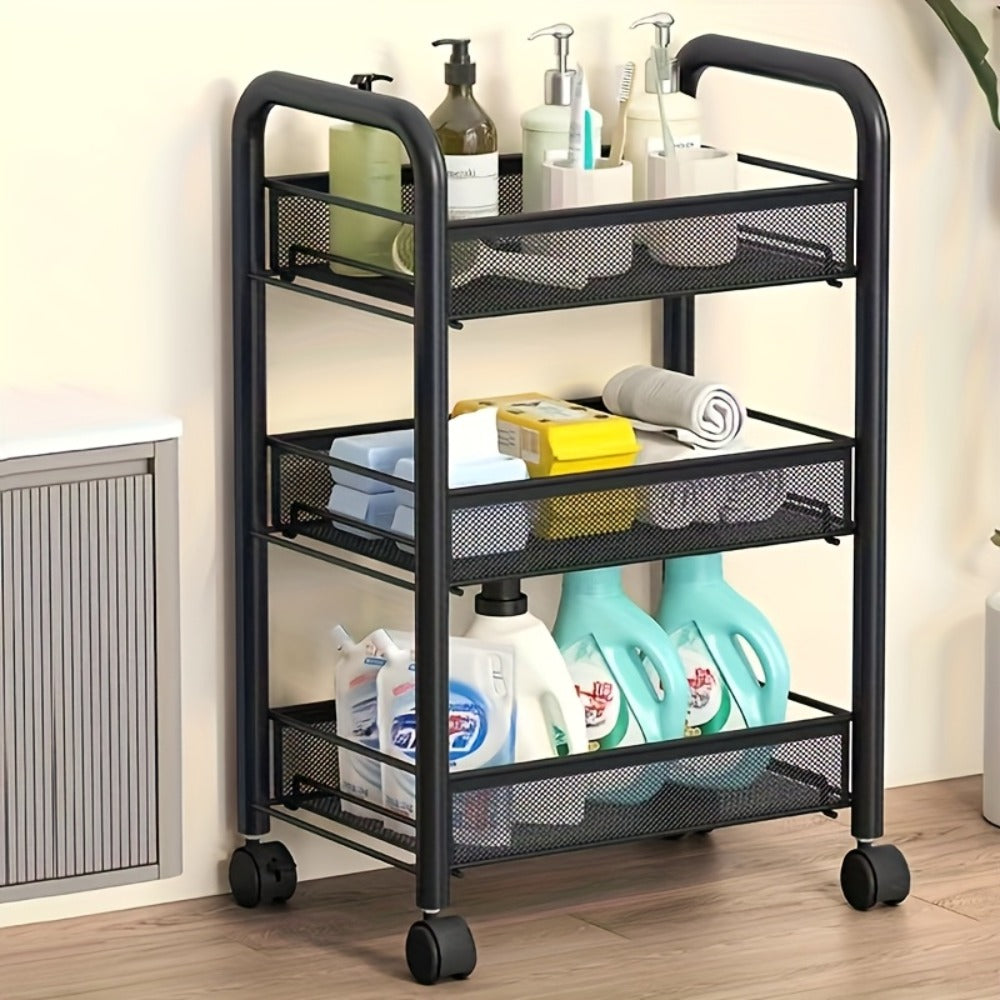 Rolling Storage Cart on Wheels – 3/4/5 Tier Carbon Steel Wire Basket Trolley, Black Metal Utility Cart for Kitchen, Bathroom, Bedroom, Office & Living Room, Space-Saving Detachable Shelving Unit