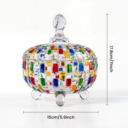 Crystal Glass Candy Dish with Lid & Tongs – Hand-Painted Colorful Candy Box, Jewelry Storage Jar, Christmas Gift for Family & Friends | Elegant Candy Server