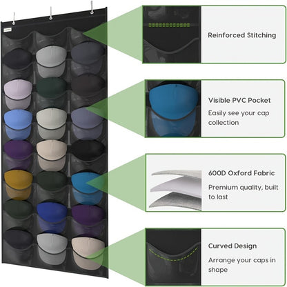 Over the Door Hat Organizer 24 Pocket - Baseball Cap Rack with Large Clear Pockets and 3 Hooks for Hat Storage Protection and Display in Closet