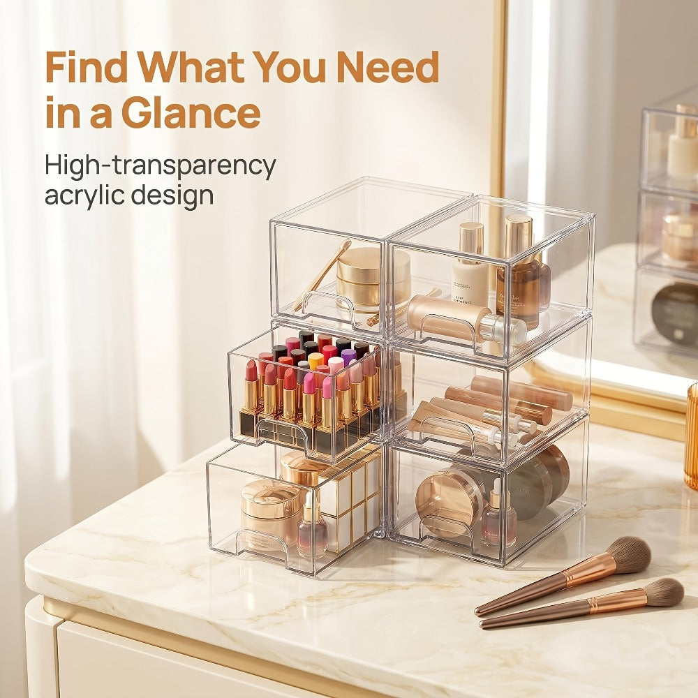 Clear Stackable Storage Drawers 8 Pack – Acrylic Bathroom Organizer Bins with Pull-Out Handle, BPA-Free Plastic Makeup Storage for Vanity, Kitchen, Pantry, Home Organization
