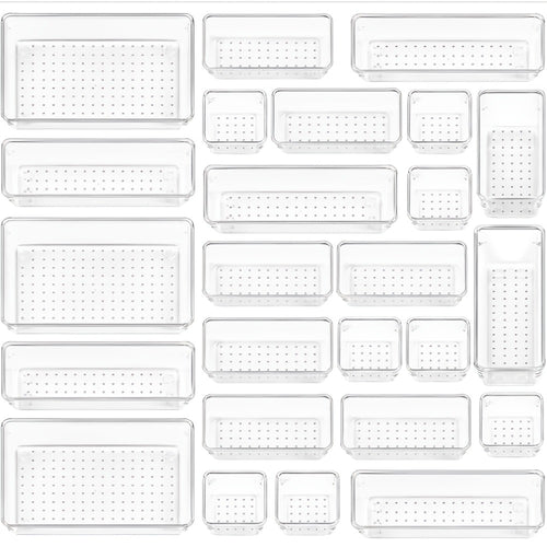 Clear Drawer Organizer Trays 25 Pack with 4 Sizes, Plastic Storage Bins for Desk Drawer Kitchen Flatware Cosmetics Dresser Under Bed Organization Dividers