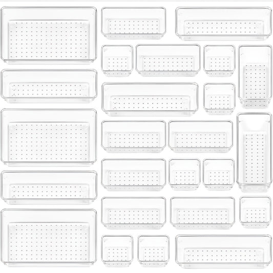 Clear Drawer Organizer Trays 25 Pack with 4 Sizes, Plastic Storage Bins for Desk Drawer Kitchen Flatware Cosmetics Dresser Under Bed Organization Dividers