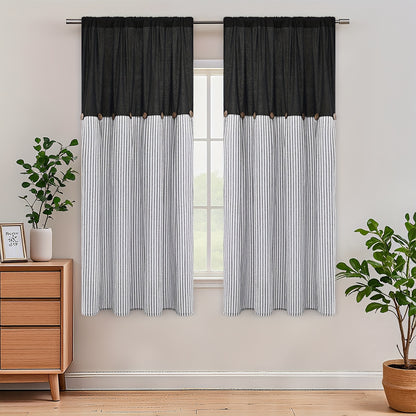 Semi Sheer Curtains Bohemian Linen Cotton Patchwork Grommet Top Window Drapes for Bedroom Living Room Kitchen Bathroom Cafe - Boho Country Cottage Style 4 Seasons 1 or 2 Panels