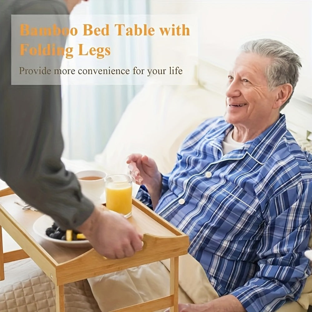 Bamboo Bed Tray Table with Folding Legs & Handles – Breakfast Sofa Lap Desk, 19.32" x 11.83", Natural Bamboo