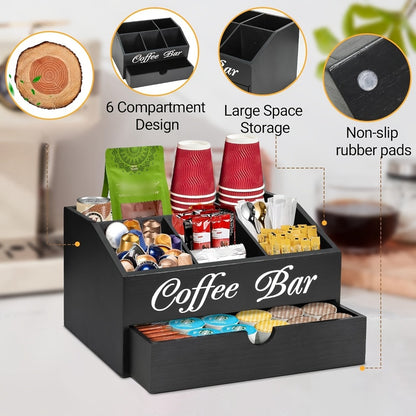 Coffee Bar Organizer with Drawer | Wood Countertop Coffee Station Organizer | 5-Compartment K-Cup Pod Holder Tea Condiment Storage | Rustic Farmhouse Coffee Bar Decor for Kitchen Counter