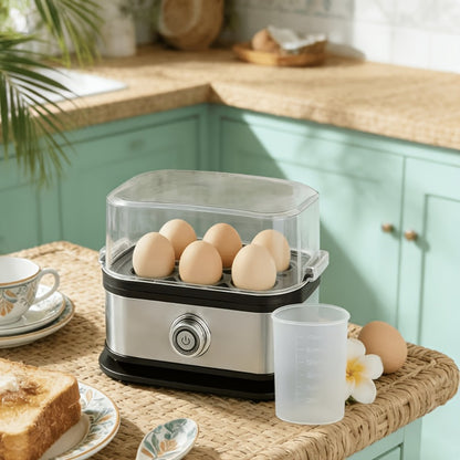 Rapid Electric Egg Cooker 6-Egg Capacity, 304 Stainless Steel Egg Boiler & Steamer for Hard, Medium & Soft Boiled Eggs, Auto Shut-Off with Audible Alarm, Compact Egg Poacher for Home Kitchen, Black