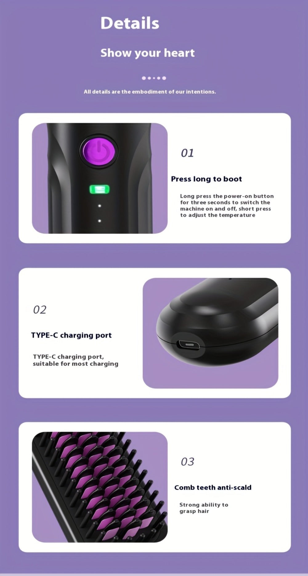 Wireless Hair Straightener Comb - Portable Cordless Straightening Brush with 3-Min Fast Heat, 3 Temp Settings 170-190°C, Negative Ion Technology, 3D Comb Design, Lightweight Travel Hair Straightener
