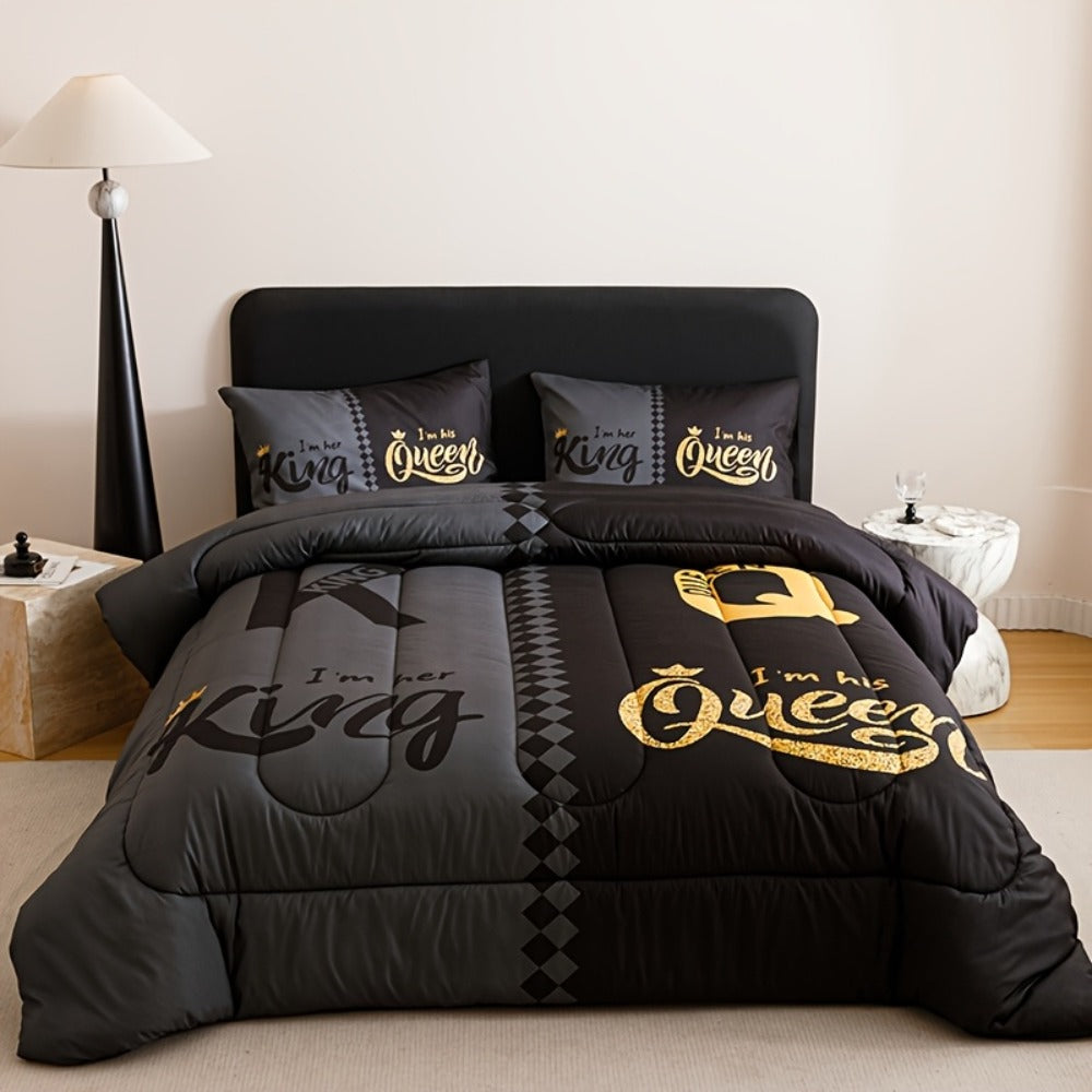 Comforter Set 3-Piece – Soft Breathable Quilt with 2 Pillowcases, Black Grey Color Block Crown Letter Print, Twin Full Queen King, 180GSM Bedroom Bedding Set