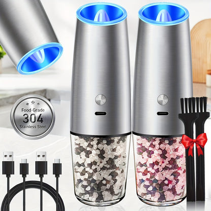 2pcs USB Rechargeable Electric Salt and Pepper Grinder Set with LED Light & Adjustable Coarseness, One-Hand Operation