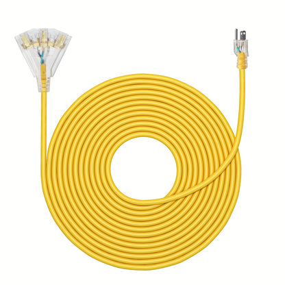 Extension Cord 25FT Heavy Duty Outdoor Indoor 14/3 SJTW Yellow 3-Outlet Tri-Tap Splitter with LED Lighted Plug 15A 1875W Grounded Power Cord for Workshop Garage Job Site Construction