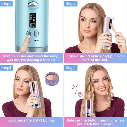 Cordless Curling Iron 1 Inch USB Rechargeable, Automatic Rotating Ceramic Curling Wand with 6 Heat Settings LCD Display, Scald-Free Detangle Hair Curler for All Hair Types Wet Dry Styling