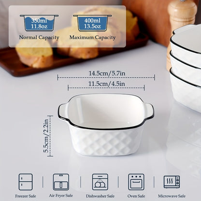 Ceramic Baking Dish Set 4-Piece, 13oz Small Square Ceramic Casserole Dishes with Handles, Diamond Design Oven & Microwave Safe Bakeware, 5.7x4.5x2.2 Inch Air Fryer Ceramic Dishes for Individual Servings