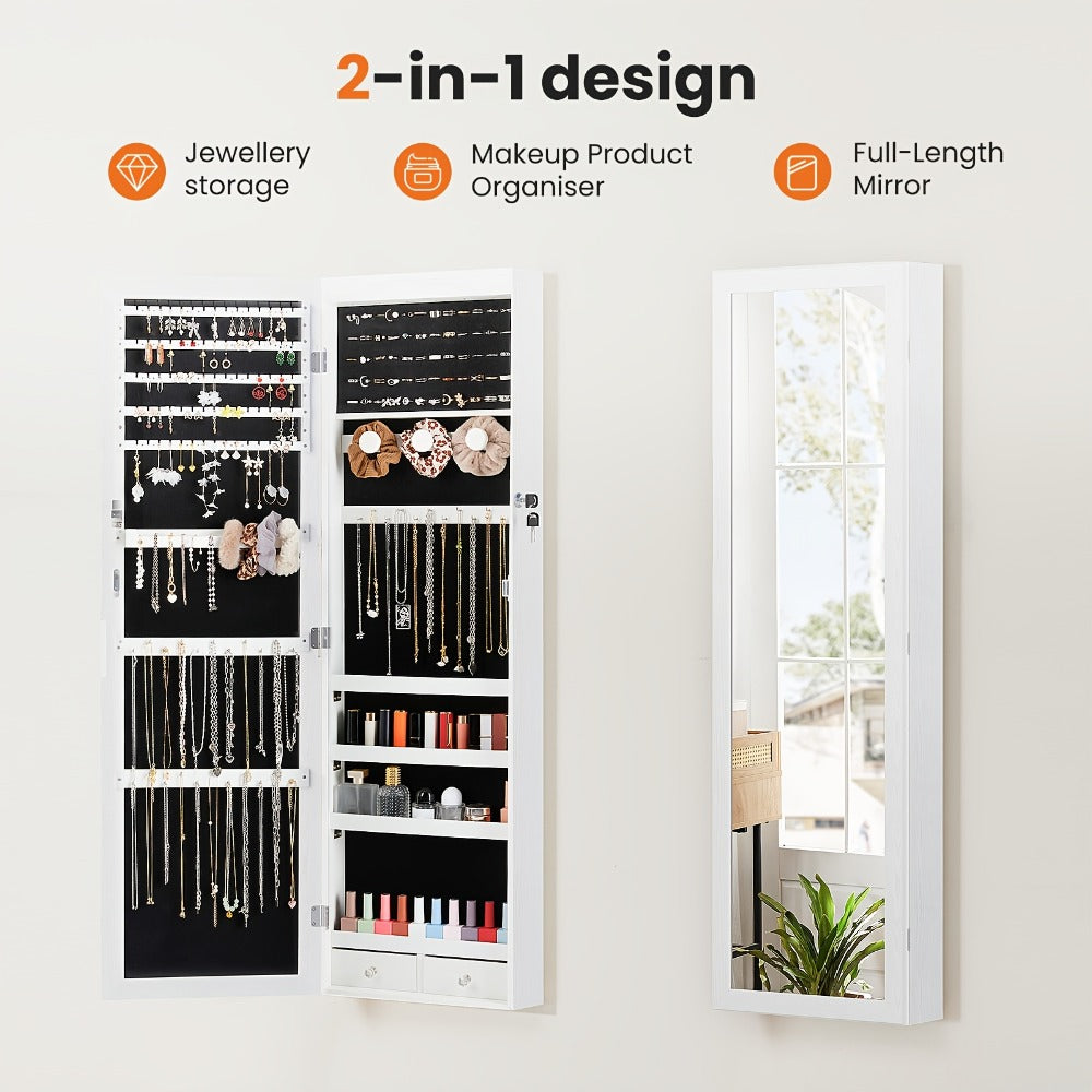 Jewelry Armoire Floor Standing 47.2" Full-Length Mirror Cabinet with 6 LED Lights Dual Lock, Jewelry Organizer for Necklaces Earrings Rings Bracelets, Bedroom Closet Storage 4 Colors