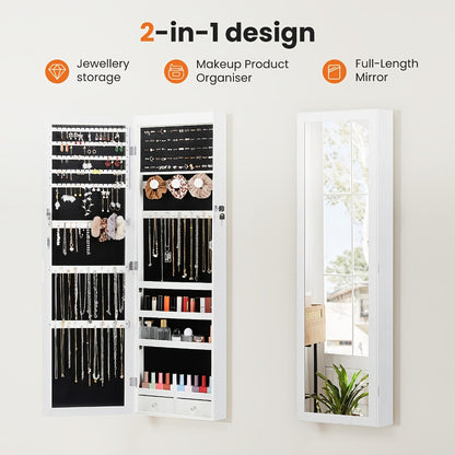 Jewelry Armoire Floor Standing 47.2" Full-Length Mirror Cabinet with 6 LED Lights Dual Lock, Jewelry Organizer for Necklaces Earrings Rings Bracelets, Bedroom Closet Storage 4 Colors