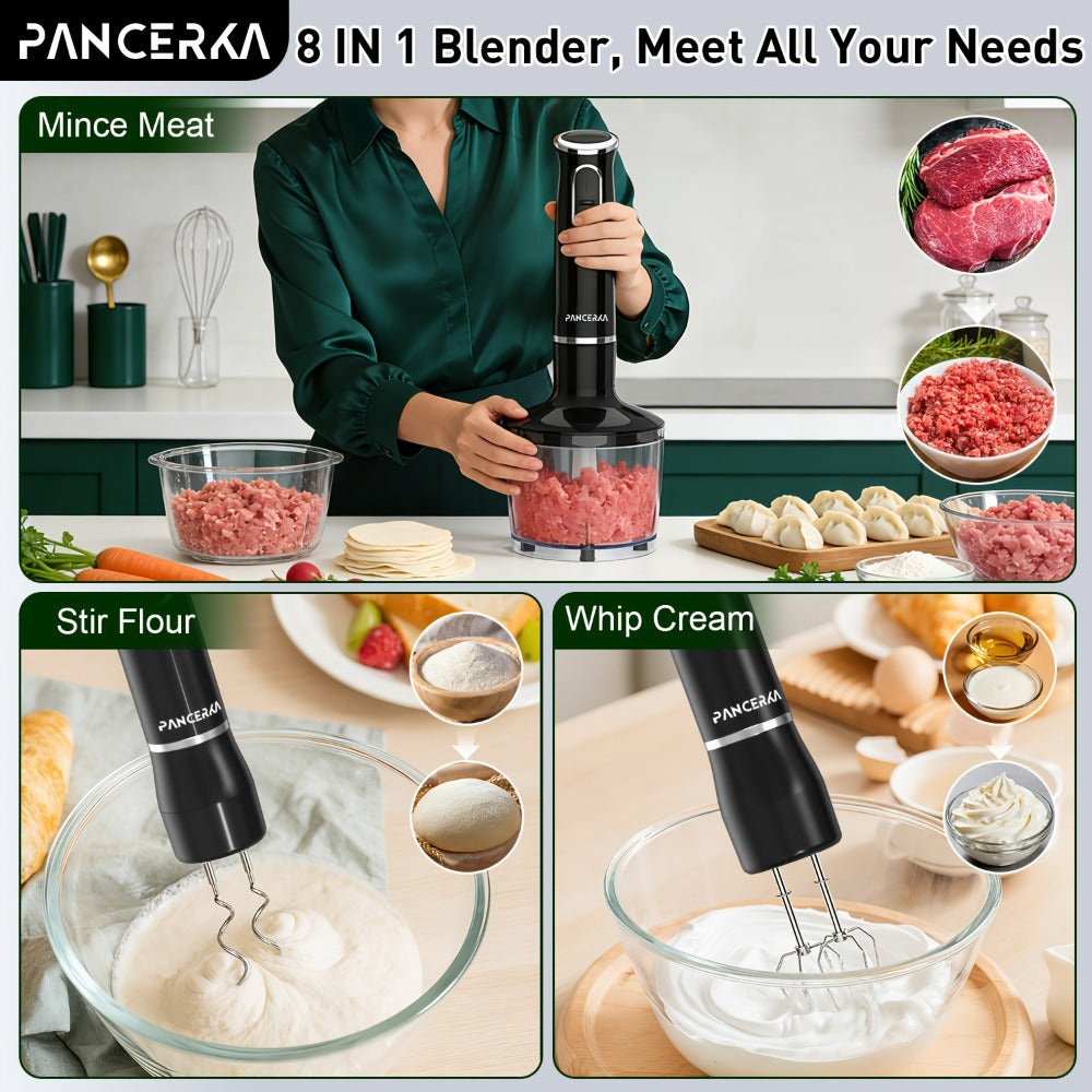 Immersion Blender 8-in-1 Electric Hand Blender with Turbo Mode & Detachable Base – 304 Stainless Steel Handheld Blender with Whisk Milk Frother Attachments for Smoothies Soups Baby Food Puree