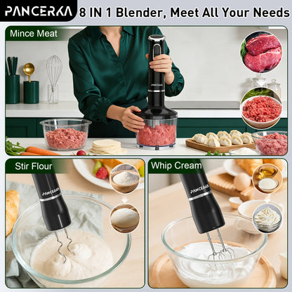 Immersion Blender 8-in-1 Electric Hand Blender with Turbo Mode & Detachable Base – 304 Stainless Steel Handheld Blender with Whisk Milk Frother Attachments for Smoothies Soups Baby Food Puree
