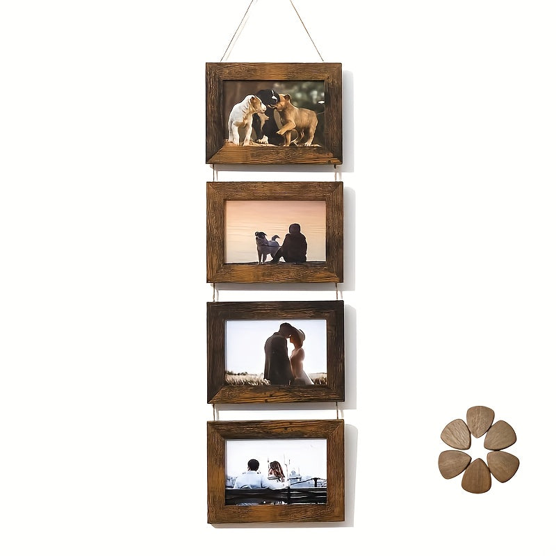 Picture Frame Set 4pcs Wooden Glass 4x6 with Flip-Top Display – Collage Photo Frames for Wall & Desktop, Interchangeable Mat, Home Decor Room Aesthetic – Wedding, Housewarming & Holiday Gift (White/Brown)