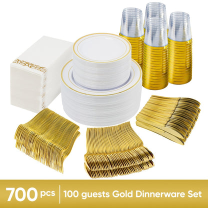 Disposable Party Dinnerware Set 350 700 Pieces Gold Silver Plastic Plates Salad Plates Cutlery Cups Napkins for 50 100 Guests Wedding Birthday Graduation Party