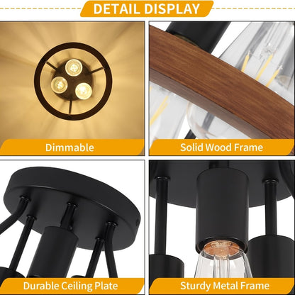 Farmhouse Semi Flush Ceiling Light 3-Bulb Wood & Metal - Rustic Industrial Ceiling Lamp for Kitchen Bedroom Dining Room Hallway Entryway Laundry Room (Bulb Not Included)