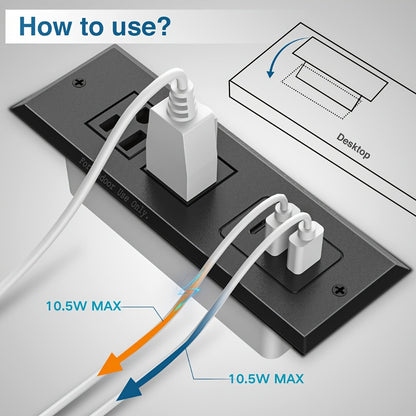 Recessed Power Strip Flush Mount Desk Outlet with USB-C & USB-A Ports In-Desk Power Grommet for Conference Room Office Table Furniture 1.5m Cord