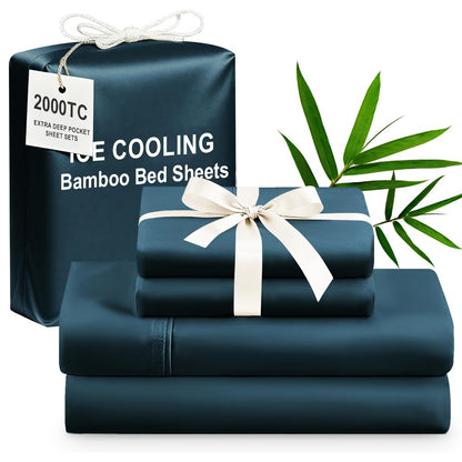 Bamboo Cooling Bed Sheet Set 4pcs Extra Deep Pocket Breathable Fitted Sheet Flat Sheet Pillowcases for Hot Sleepers Twin Full Queen King