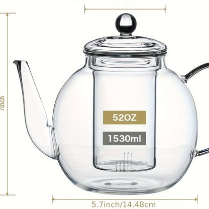 Glass Teapot with Removable Infuser 51oz Borosilicate Clear Tea Kettle Stovetop Safe for Loose Leaf Blooming Herbal & Flower Tea – 1530ml Tea Pot with Optional Teacup Set