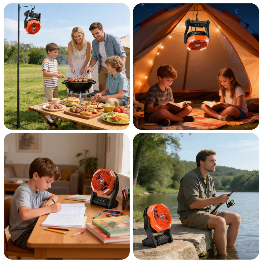 Camping Fan 20000mAh with LED Light and Brushless Motor, 4-Speed 180° Oscillating Portable Outdoor Fan, 22-26H Long Runtime Anti-Slip Base, 3-in-1 Table Fan for Camping, Hiking, Picnic and Emergency