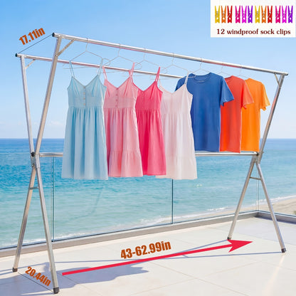 Clothes Drying Rack Collapsible Freestanding, Heavy Duty Stainless Steel Laundry Drying Rack Indoor Outdoor, Adjustable Garment Rack 63" & 79" with Clips