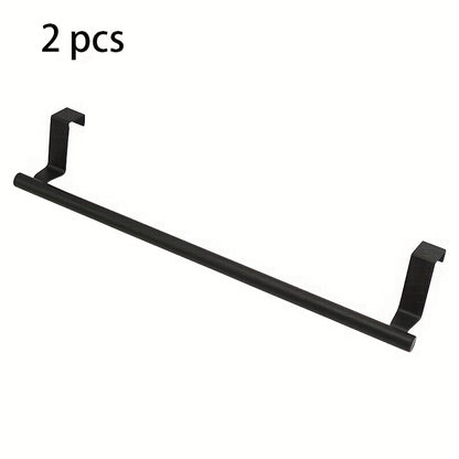 Cabinet Door Towel Bar Stainless Steel 2pcs Set - Over the Door Hand Towel Hanger Rack No Drilling | Black Silver | Kitchen Bathroom Cupboard Dishcloth Organizer Bathroom Accessories